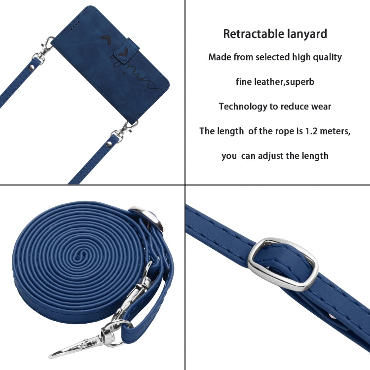 For OPPO Reno11 5G Global Skin Feel Heart Embossed Leather Phone Case with Long Lanyard(Blue) - Reno11 Cases by PMC Jewellery | Online Shopping South Africa | PMC Jewellery | Buy Now Pay Later Mobicred