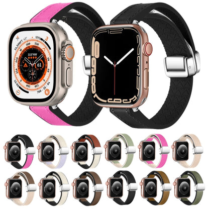 For Apple Watch Series 8 45mm Magnetic Folding Leather Silicone Watch Band(Rose Pink on Black) - Watch Bands by PMC Jewellery | Online Shopping South Africa | PMC Jewellery