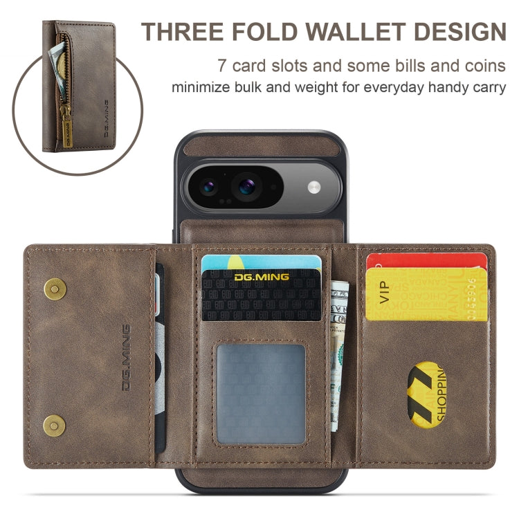 For Google Pixel 9 / 9 Pro DG.MING M5 Series Zip RFID Multi Card Detachable Leather Phone Case(Coffee) - Google Cases by DG.MING | Online Shopping South Africa | PMC Jewellery | Buy Now Pay Later Mobicred