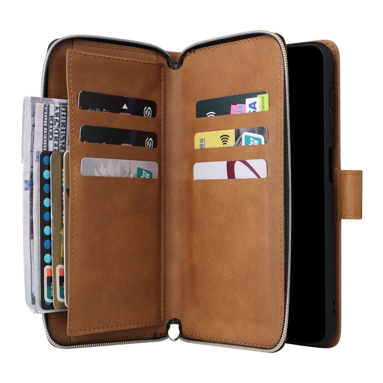 For Samsung Galaxy S24 FE 5G 9-Card Slots Zipper Wallet Bag Leather Phone Case(Brown) - Galaxy S24 FE 5G Cases by PMC Jewellery | Online Shopping South Africa | PMC Jewellery | Buy Now Pay Later Mobicred