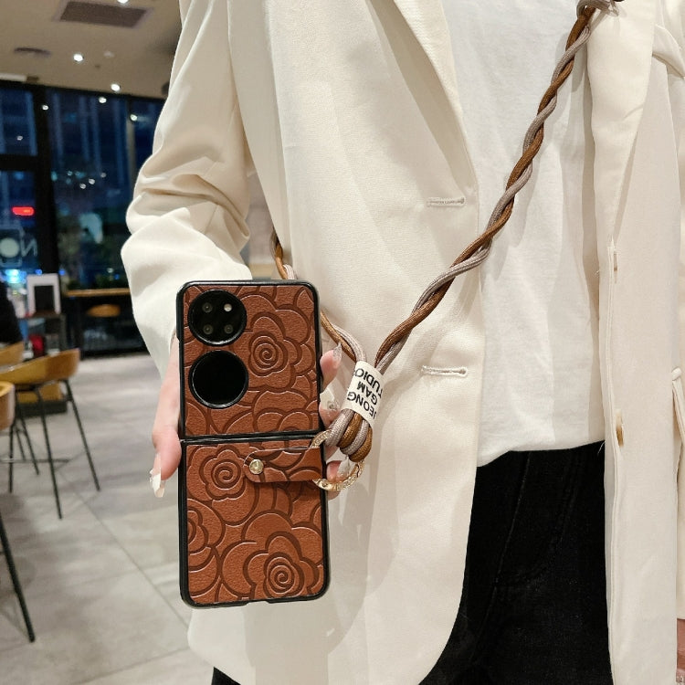 For Huawei P50 Pocket Impression Camellia Pattern Protective Phone Case with Diamond Ring Long Lanyard(Brown) - Huawei Cases by PMC TechLife | Online Shopping South Africa | PMC TechLife