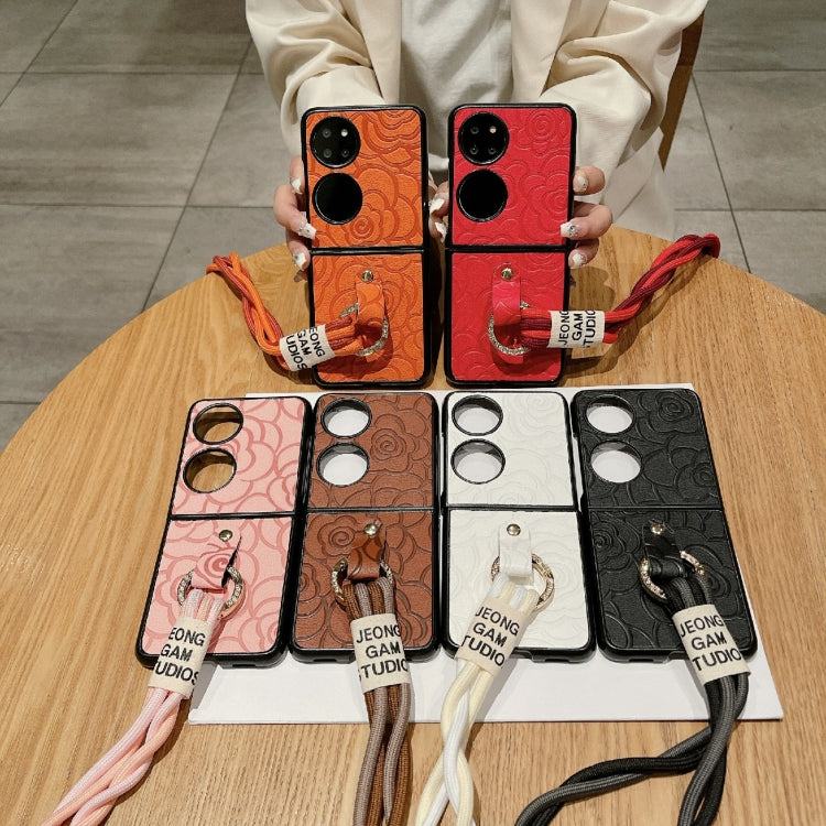 For Huawei P50 Pocket Impression Camellia Pattern Protective Phone Case with Diamond Ring Long Lanyard(Brown) - Huawei Cases by PMC TechLife | Online Shopping South Africa | PMC TechLife