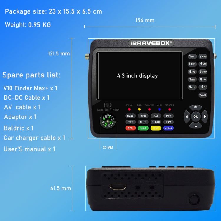 iBRAVEBOX V10 Finder Max+ 4.3 inch Display Digital Satellite Meter Signal Finder, Support DVB-S/S2/S2X AHD, Plug Type:EU Plug(Black) - Satellite Finder by PMC Jewellery | Online Shopping South Africa | PMC Jewellery | Buy Now Pay Later Mobicred