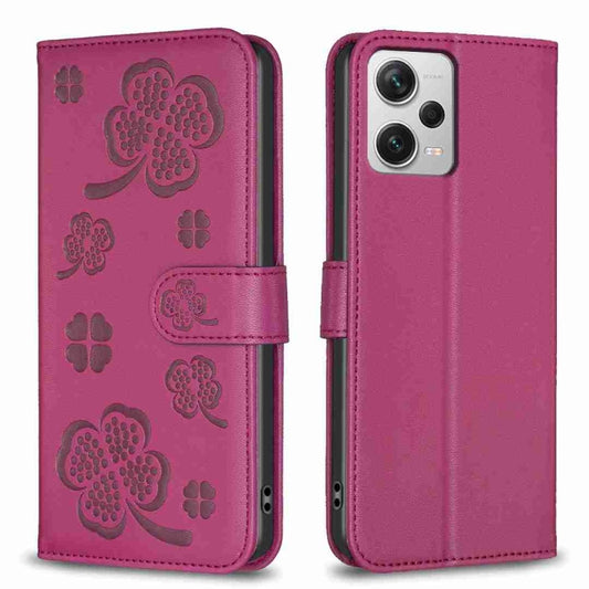 For Xiaomi Redmi Note 12 Pro+ 5G Global Four-leaf Embossed Leather Phone Case(Rose Red) - Xiaomi Cases by PMC Jewellery | Online Shopping South Africa | PMC Jewellery | Buy Now Pay Later Mobicred