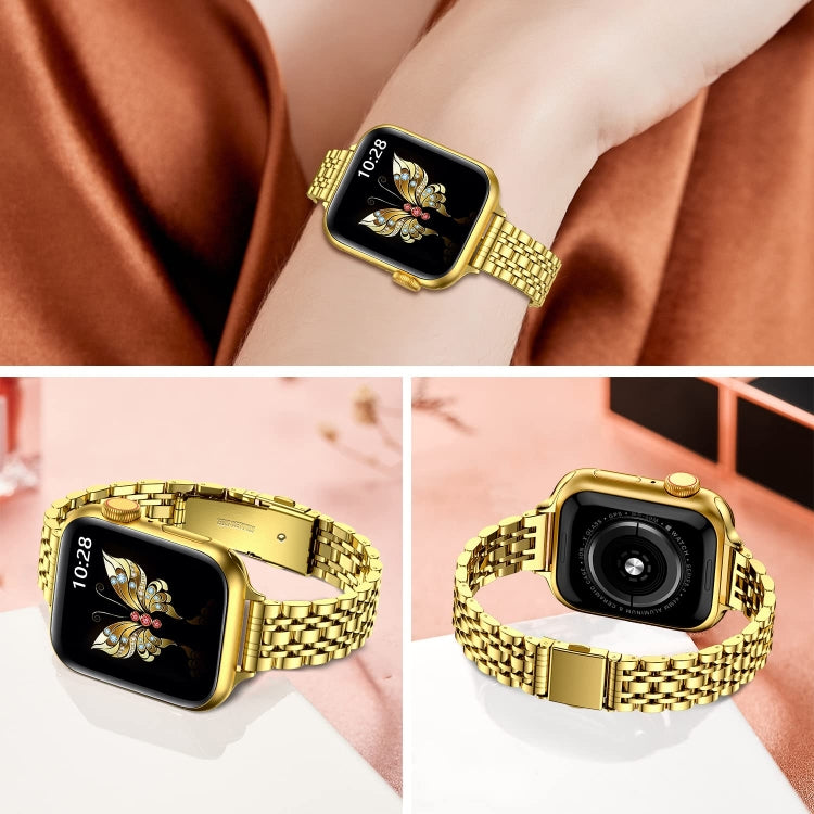 For Apple Watch SE 2023 44mm Slim Seven Bead Slingshot Buckle Metal Watch Band(Gold) - Watch Bands by PMC Jewellery | Online Shopping South Africa | PMC Jewellery