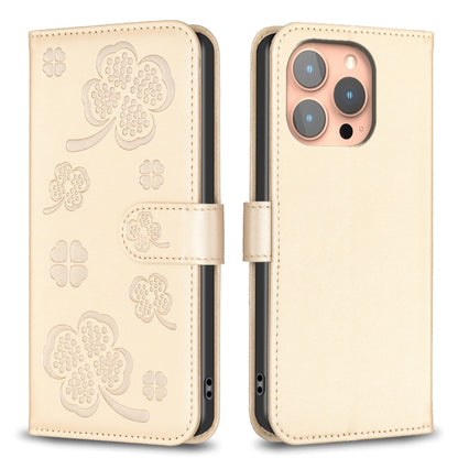 For iPhone 16 Pro Four-leaf Embossed Leather Phone Case(Gold) - iPhone 16 Pro Cases by PMC Jewellery | Online Shopping South Africa | PMC Jewellery | Buy Now Pay Later Mobicred