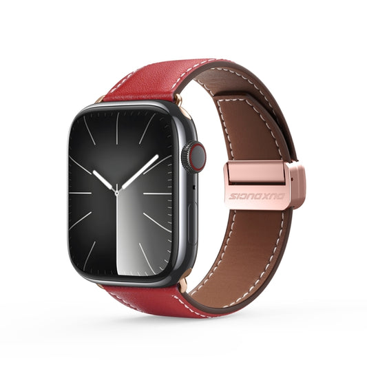 For Apple Watch Series 7 45mm DUX DUCIS YA Series Magnetic Buckle Genuine Leather Watch Band(Red) - Watch Bands by DUX DUCIS | Online Shopping South Africa | PMC Jewellery | Buy Now Pay Later Mobicred