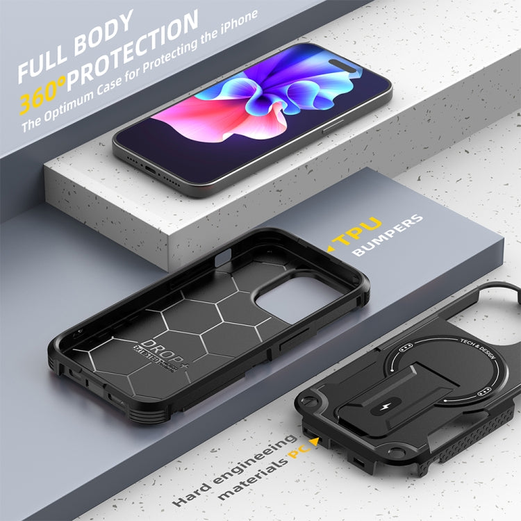 For iPhone 15 Pro MagSafe Holder Armor PC Hybrid TPU Phone Case(Black) - iPhone 15 Pro Cases by PMC TechLife | Online Shopping South Africa | PMC TechLife | Buy Now Pay Later Mobicred