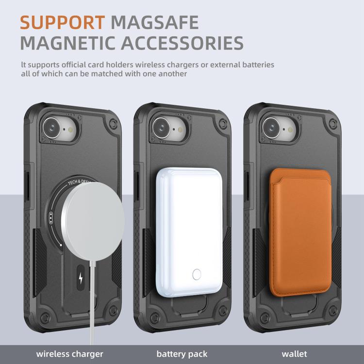 For iPhone 16e Armor Magsafe Holder PC Hybrid TPU Phone Case(Black) - iPhone 16e Cases by PMC TechLife | Online Shopping South Africa | PMC TechLife | Buy Now Pay Later Mobicred