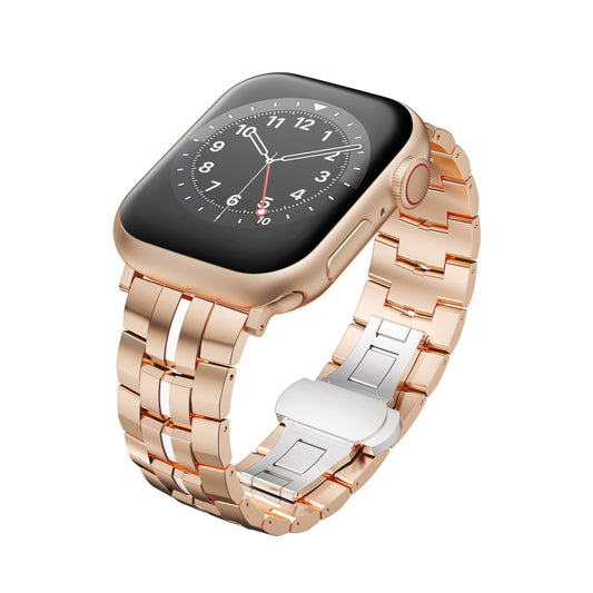 For Apple Watch Series 7 45mm Butterfly Buckle 5-Beads Metal Watch Band(Rose Gold White) - Watch Bands by PMC Jewellery | Online Shopping South Africa | PMC Jewellery