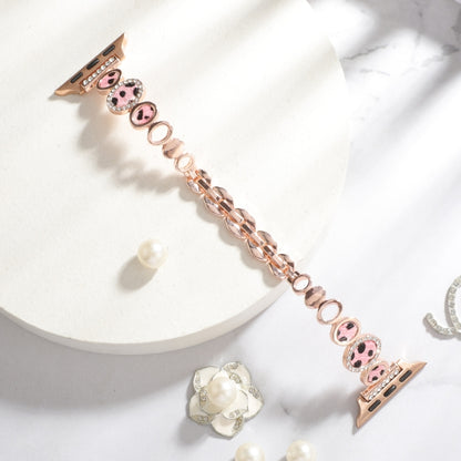 For Apple Watch Series 8 41mm Leopard Rhinestones Metal Chain Watch Band(Rose Gold) - Watch Bands by PMC Jewellery | Online Shopping South Africa | PMC Jewellery