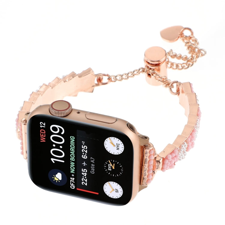 For Apple Watch SE 2023 44mm Shell Beads Chain Bracelet Metal Watch Band(Pink White Rose Gold) - Watch Bands by PMC Jewellery | Online Shopping South Africa | PMC Jewellery