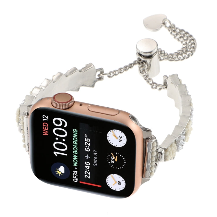 For Apple Watch Ultra 49mm Shell Beads Chain Bracelet Metal Watch Band(Beige White Silver) - Watch Bands by PMC Jewellery | Online Shopping South Africa | PMC Jewellery