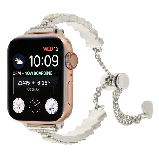 For Apple Watch Series 3 38mm Shell Beads Chain Bracelet Metal Watch Band(Beige White Silver) - Watch Bands by PMC Jewellery | Online Shopping South Africa | PMC Jewellery