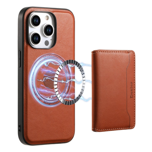 For iPhone 15 Pro Denior Cowhide Texture Leather MagSafe Detachable Wallet Phone Case(Brown) - iPhone 15 Pro Cases by Denior | Online Shopping South Africa | PMC Jewellery | Buy Now Pay Later Mobicred