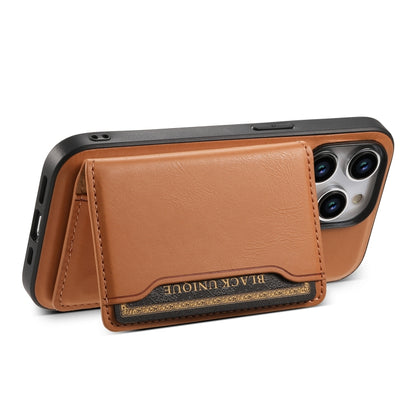 For iPhone 15 Denior Cowhide Texture Leather MagSafe Detachable Wallet Phone Case(Khaki) - iPhone 15 Cases by Denior | Online Shopping South Africa | PMC Jewellery | Buy Now Pay Later Mobicred