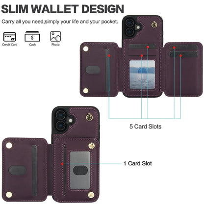 For iPhone 16 Plus YM006 Skin Feel Zipper Card Bag Phone Case with Dual Lanyard(Dark Purple) - iPhone 16 Plus Cases by PMC Jewellery | Online Shopping South Africa | PMC Jewellery | Buy Now Pay Later Mobicred