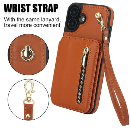 For iPhone 16 YM006 Skin Feel Zipper Card Bag Phone Case with Dual Lanyard(Brown) - iPhone 16 Cases by PMC Jewellery | Online Shopping South Africa | PMC Jewellery | Buy Now Pay Later Mobicred