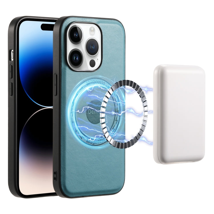 For iPhone 14 Pro Denior Cowhide Texture Leather MagSafe Phone Case(Blue) - iPhone 14 Pro Cases by Denior | Online Shopping South Africa | PMC Jewellery