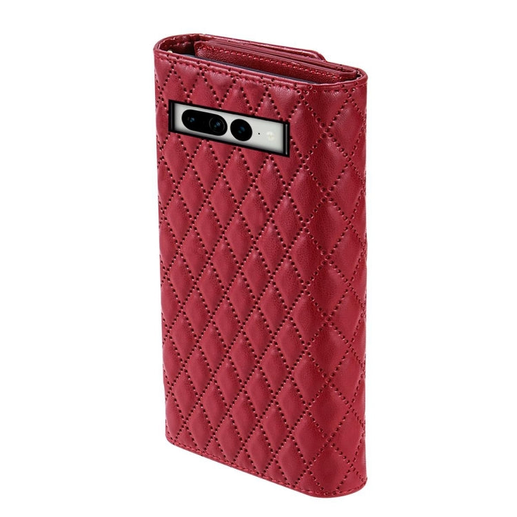 For Google Pixel 7 Zipper Multi-Card Wallet Rhombic Leather Phone Case(Red) - free shipping - PMC TechLife - Order now!