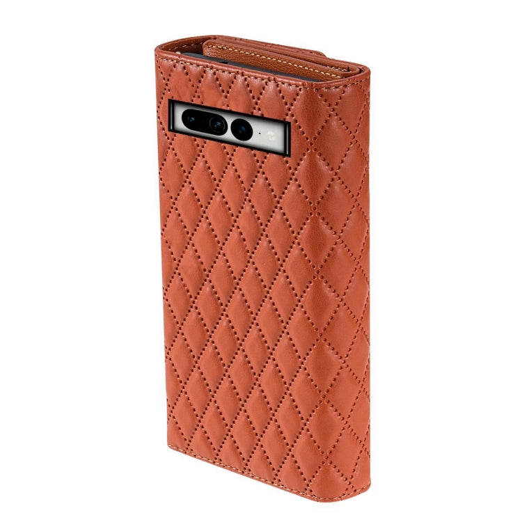 For Google Pixel 7 Pro Zipper Multi-Card Wallet Rhombic Leather Phone Case(Brown) - Google Cases by PMC TechLife | Online Shopping South Africa | PMC TechLife | Buy Now Pay Later Mobicred