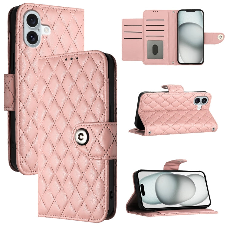 For iPhone 16 Plus Rhombic Texture Flip Leather Phone Case with Lanyard(Coral Pink) - iPhone 16 Plus Cases by PMC Jewellery | Online Shopping South Africa | PMC Jewellery | Buy Now Pay Later Mobicred