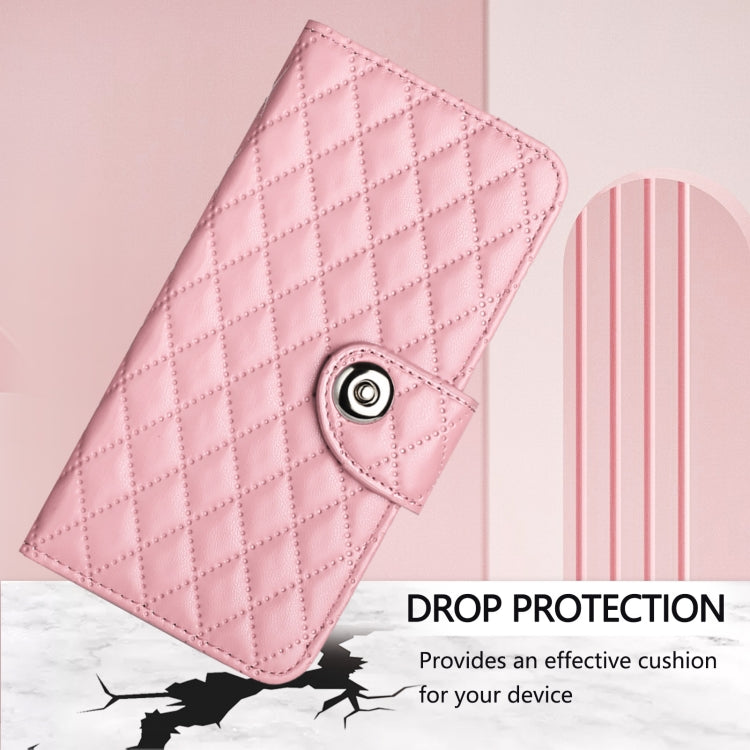 For iPhone 16 Rhombic Texture Flip Leather Phone Case with Lanyard(Pink) - iPhone 16 Cases by PMC TechLife | Online Shopping South Africa | PMC TechLife | Buy Now Pay Later Mobicred