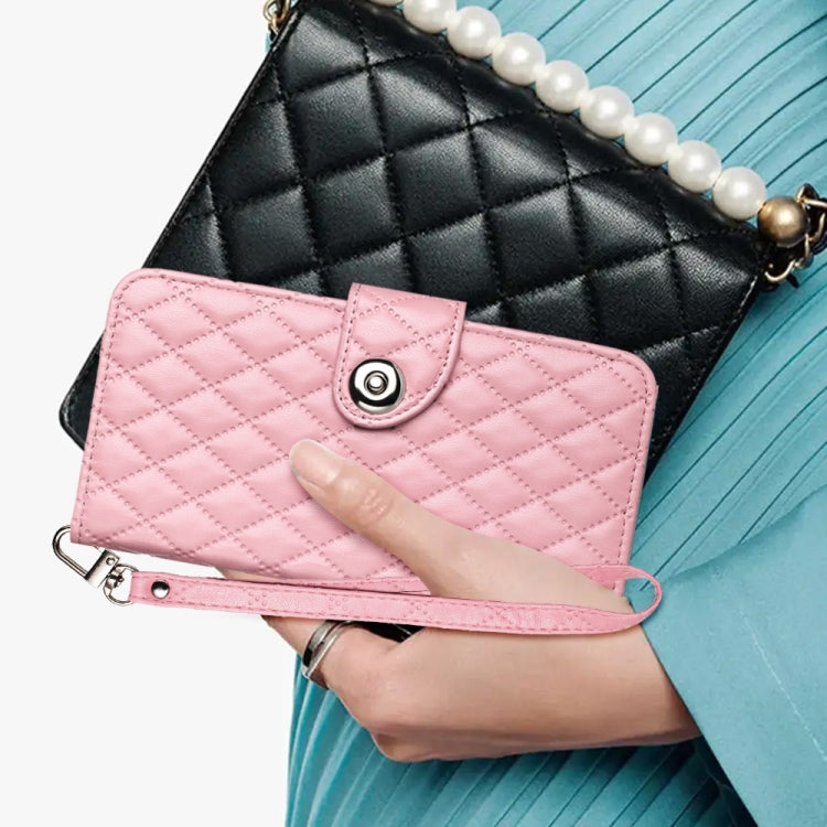 For iPhone 16 Rhombic Texture Flip Leather Phone Case with Lanyard(Pink) - iPhone 16 Cases by PMC TechLife | Online Shopping South Africa | PMC TechLife | Buy Now Pay Later Mobicred