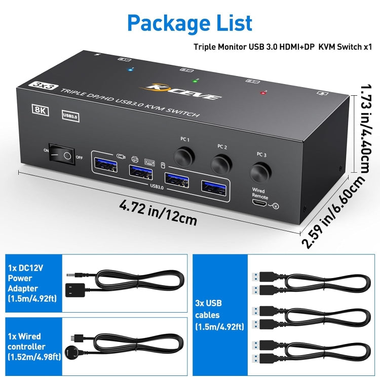 KC-KVM303DH 8K 60Hz USB3.0 DP+DP+HDMI Triple Monitors KVM Switch(EU Plug) - Switch by PMC TechLife | Online Shopping South Africa | PMC TechLife