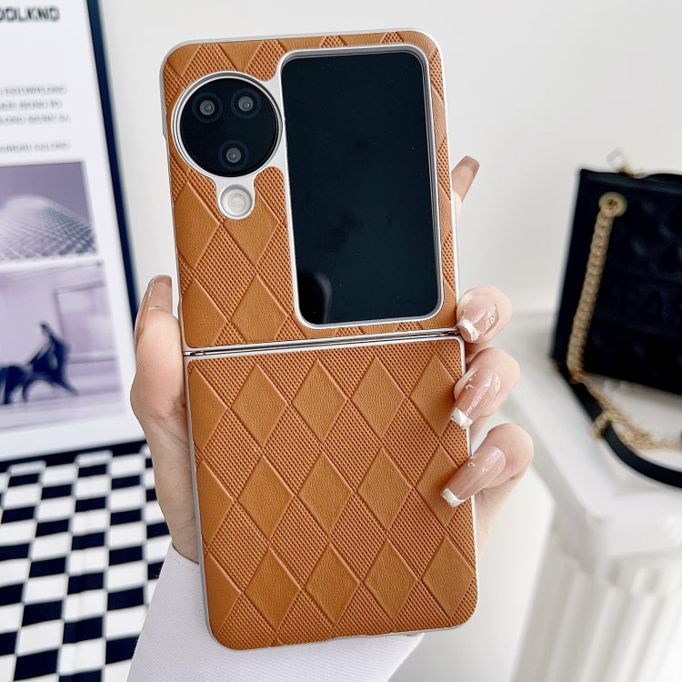 For OPPO Find N3 Flip Pearlescent Paint Diamond Shaped Checkered Leather Phone Case(Brown) - Find N3 Flip Cases by PMC Jewellery | Online Shopping South Africa | PMC Jewellery | Buy Now Pay Later Mobicred