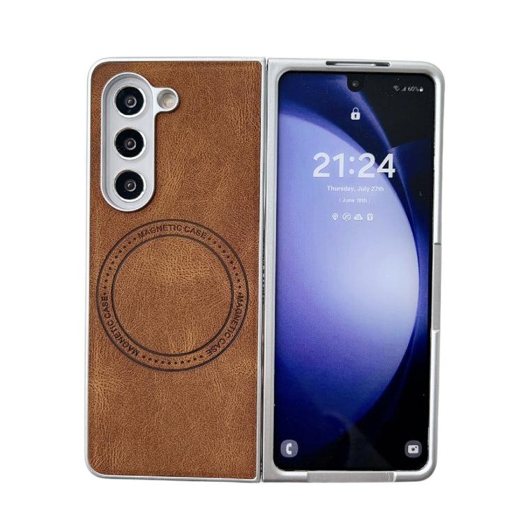 For Samsung Galaxy Z Fold5 Skin Feel Leather Texture MagSafe Pearlescent Paint Shockproof Phone Case(Brown) - Galaxy Z Fold5 Cases by PMC Jewellery | Online Shopping South Africa | PMC Jewellery