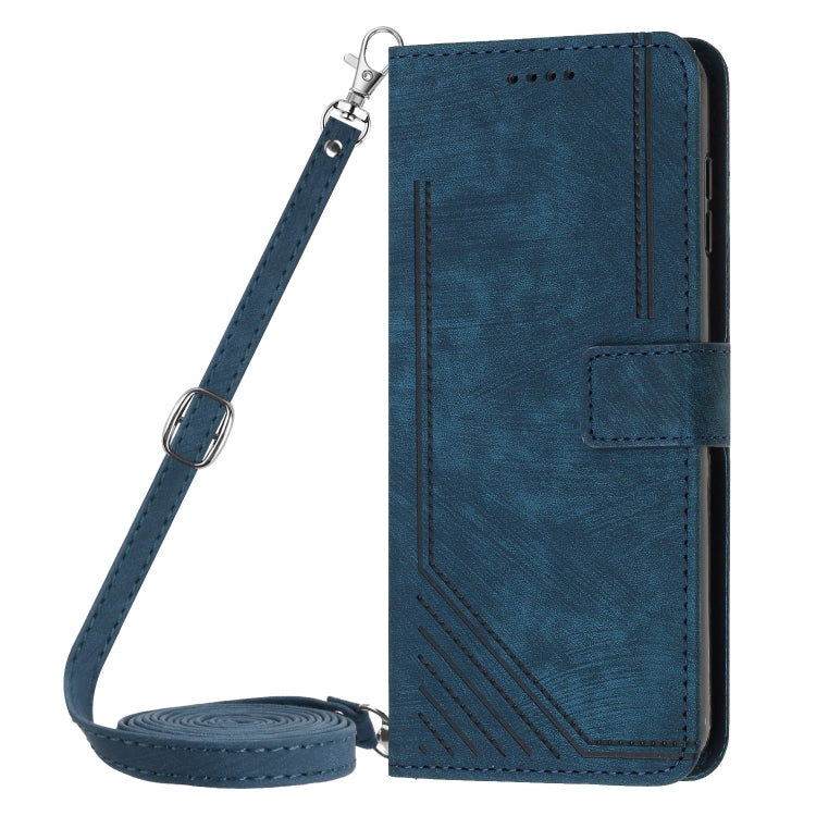 For Motorola Edge 2024 Skin Feel Stripe Pattern Leather Phone Case with Long Lanyard(Blue) - Motorola Cases by PMC Jewellery | Online Shopping South Africa | PMC Jewellery | Buy Now Pay Later Mobicred