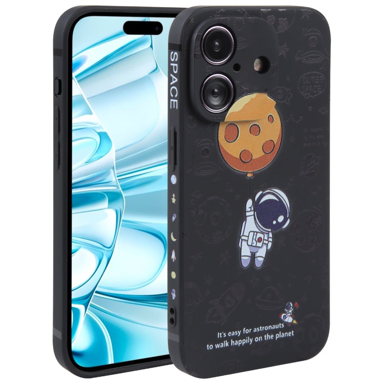 For iPhone 16 Astronaut Pattern Silicone Straight Edge Phone Case(Planet Landing-Black) - iPhone 16 Cases by PMC TechLife | Online Shopping South Africa | PMC TechLife | Buy Now Pay Later Mobicred