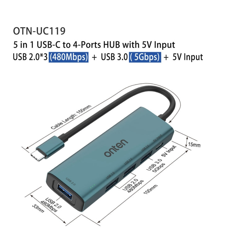 Onten UC119 5 in 1 USB-C / Type-C to USB 4-Ports USB HUB with 5V Input - free shipping - PMC Jewellery - Order now!