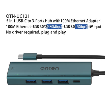 Onten UC121 5 in 1 USB-C / Type-C to USB 3.0 HUB with 5V Input & 100Mbps Network Card - USB HUB by Onten | Online Shopping South Africa | PMC Jewellery | Buy Now Pay Later Mobicred