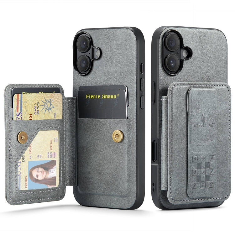 For iPhone 16 Plus Fierre Shann Oil Wax Cow Leather Card Holder Back Phone Case(Grey) - iPhone 16 Plus Cases by FIERRE SHANN | Online Shopping South Africa | PMC Jewellery | Buy Now Pay Later Mobicred