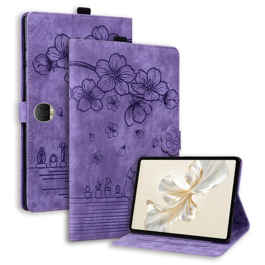 For Honor Pad 9 Cartoon Sakura Cat Embossed Leather Tablet Case(Purple) - Honor by PMC Jewellery | Online Shopping South Africa | PMC Jewellery | Buy Now Pay Later Mobicred