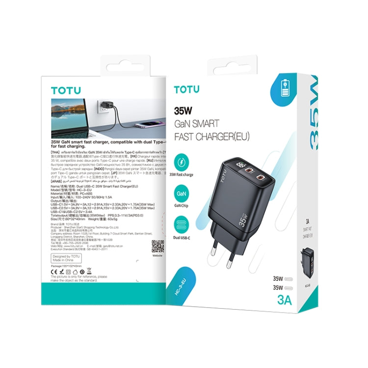 TOTU 35W GaN Dual USB-C/Type-C Smart Digital Display Charger, Plug:EU Plug(Black) - USB Charger by TOTUDESIGN | Online Shopping South Africa | PMC Jewellery | Buy Now Pay Later Mobicred