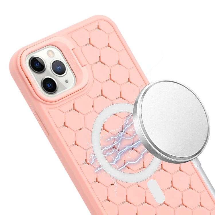 For iPhone 15 Pro Honeycomb Radiating Lens Holder Magsafe Phone Case with Lanyard(Pink) - iPhone 15 Pro Cases by PMC Jewellery | Online Shopping South Africa | PMC Jewellery