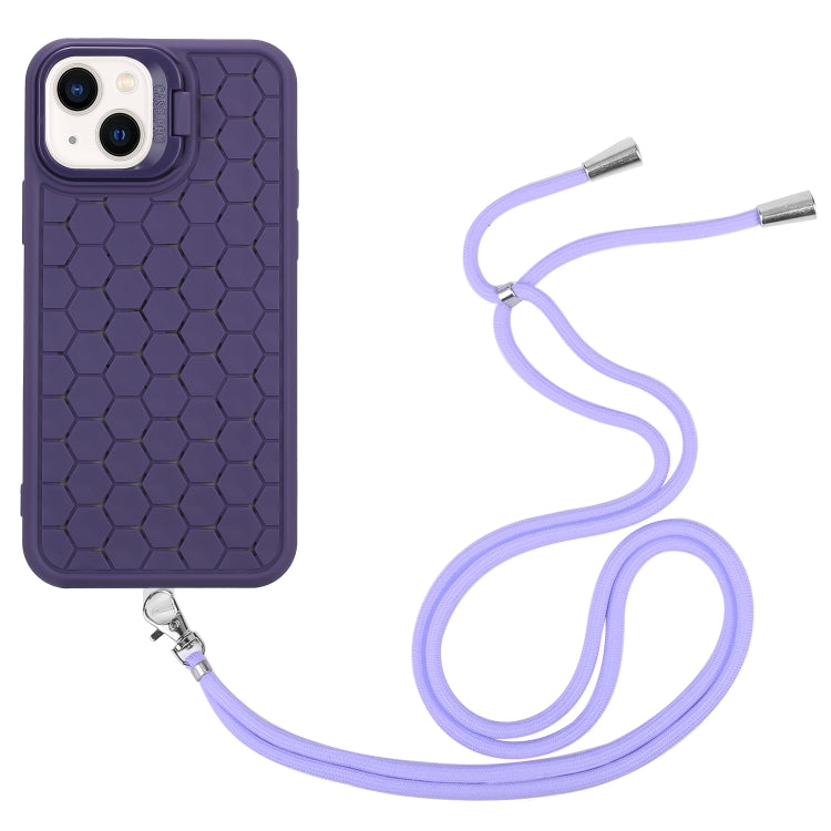 For iPhone 14 Plus Honeycomb Radiating Lens Holder Magsafe Phone Case with Lanyard(Purple) - iPhone 14 Plus Cases by PMC Jewellery | Online Shopping South Africa | PMC Jewellery