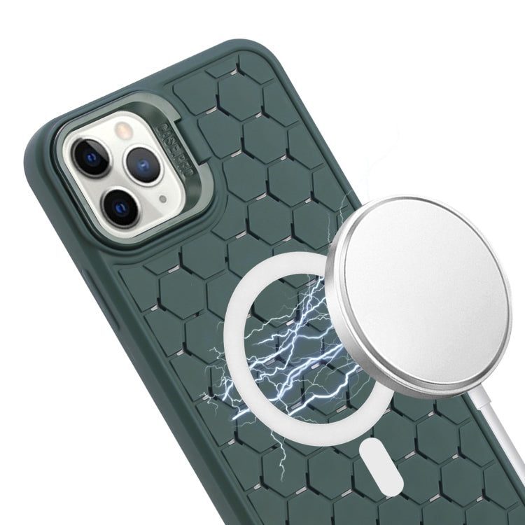 For iPhone 12 Pro Max Honeycomb Radiating Lens Holder Magsafe Phone Case with Lanyard(Green) - iPhone 12 Pro Max Cases by PMC Jewellery | Online Shopping South Africa | PMC Jewellery