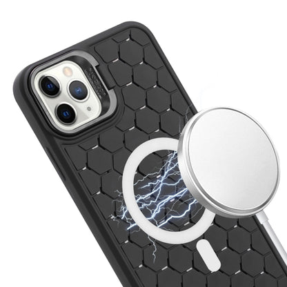 For iPhone 11 Pro Honeycomb Radiating Lens Holder Magsafe Phone Case with Lanyard(Black) - iPhone 11 Pro Cases by PMC Jewellery | Online Shopping South Africa | PMC Jewellery