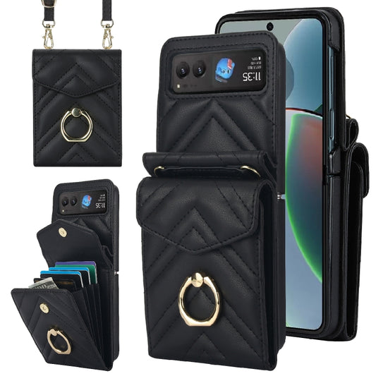 For Motorola Razr 40 V-shaped RFID Card Slot Phone Case with Ring Holder(Black) - Motorola Cases by PMC Jewellery | Online Shopping South Africa | PMC Jewellery | Buy Now Pay Later Mobicred