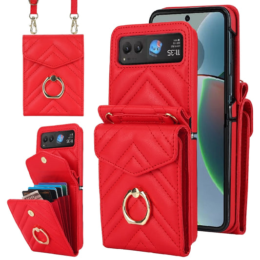 For Motorola Razr 40 V-shaped RFID Card Slot Phone Case with Ring Holder(Red) - Motorola Cases by PMC Jewellery | Online Shopping South Africa | PMC Jewellery | Buy Now Pay Later Mobicred