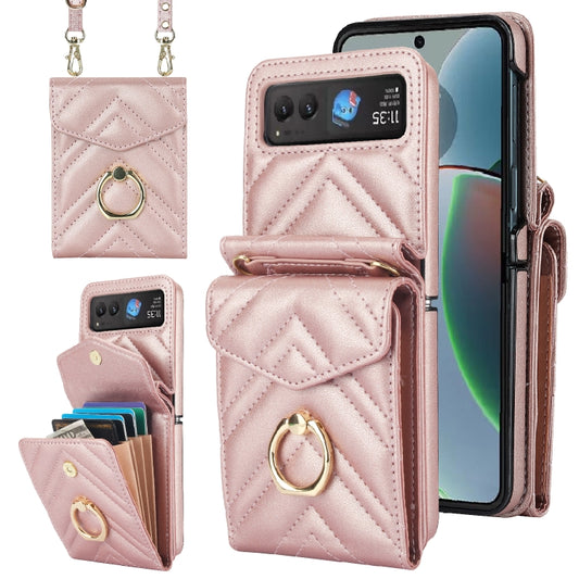 For Motorola Razr 40 V-shaped RFID Card Slot Phone Case with Ring Holder(Rose Gold) - Motorola Cases by PMC Jewellery | Online Shopping South Africa | PMC Jewellery | Buy Now Pay Later Mobicred