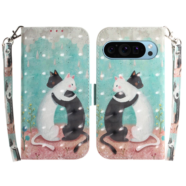 For Google Pixel 9 Pro 3D Colored Horizontal Flip Leather Phone Case(Black White Cat) - Google Cases by PMC TechLife | Online Shopping South Africa | PMC TechLife | Buy Now Pay Later Mobicred
