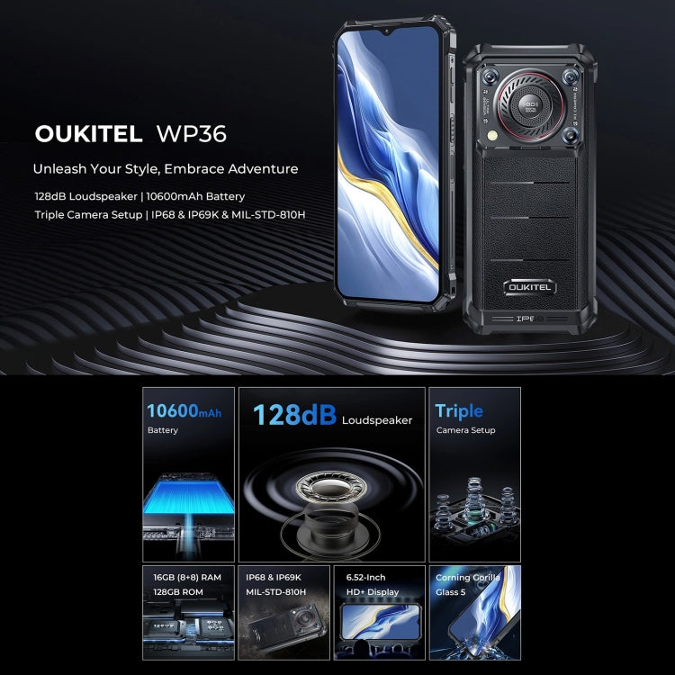 Oukitel WP36, 8GB+128GB, IP68/IP69K, Fingerprint Identification, 10600mAh, 6.52 inch MediaTek MT8788 Octa Core, NFC, OTG, Network: 4G(Black) - OUKITEL by OUKITEL | Online Shopping South Africa | PMC Jewellery | Buy Now Pay Later Mobicred