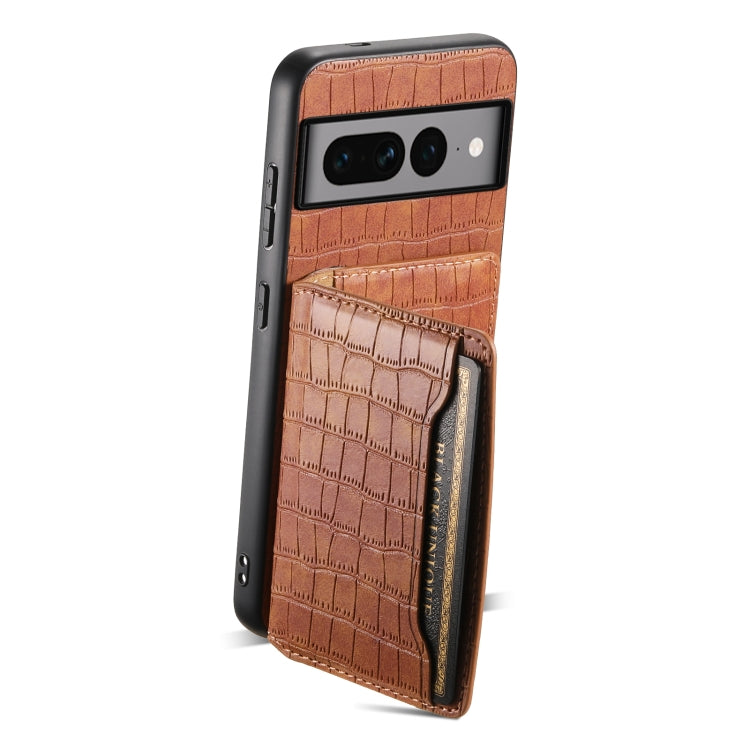 For Google Pixel 7 Pro 5G Crocodile Texture Card Bag Design Full Coverage Phone Case(Brown) - Google Cases by PMC TechLife | Online Shopping South Africa | PMC TechLife | Buy Now Pay Later Mobicred