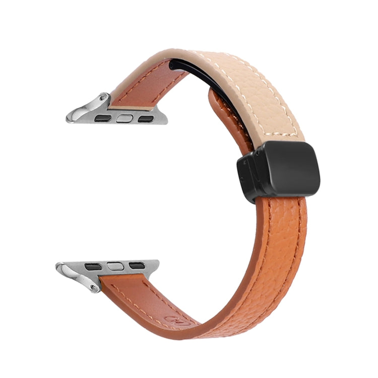 For Apple Watch SE 2023 40mm Slim Magnetic Buckle Genuine Leather Watch Band(Litchi Orange Apricot) - Watch Bands by PMC Jewellery | Online Shopping South Africa | PMC Jewellery