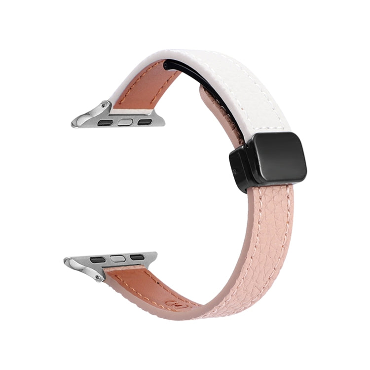 For Apple Watch Series 3 42mm Slim Magnetic Buckle Genuine Leather Watch Band(Litchi Pink Beige) - Watch Bands by PMC Jewellery | Online Shopping South Africa | PMC Jewellery